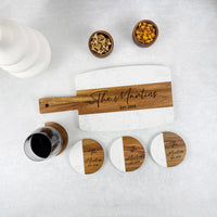 Personalized Marble Wood Cutting Board Coaster Set, Engraved Charcuterie Board, Anniversary Gift, Housewarming Gift, Wedding Engagement Gift