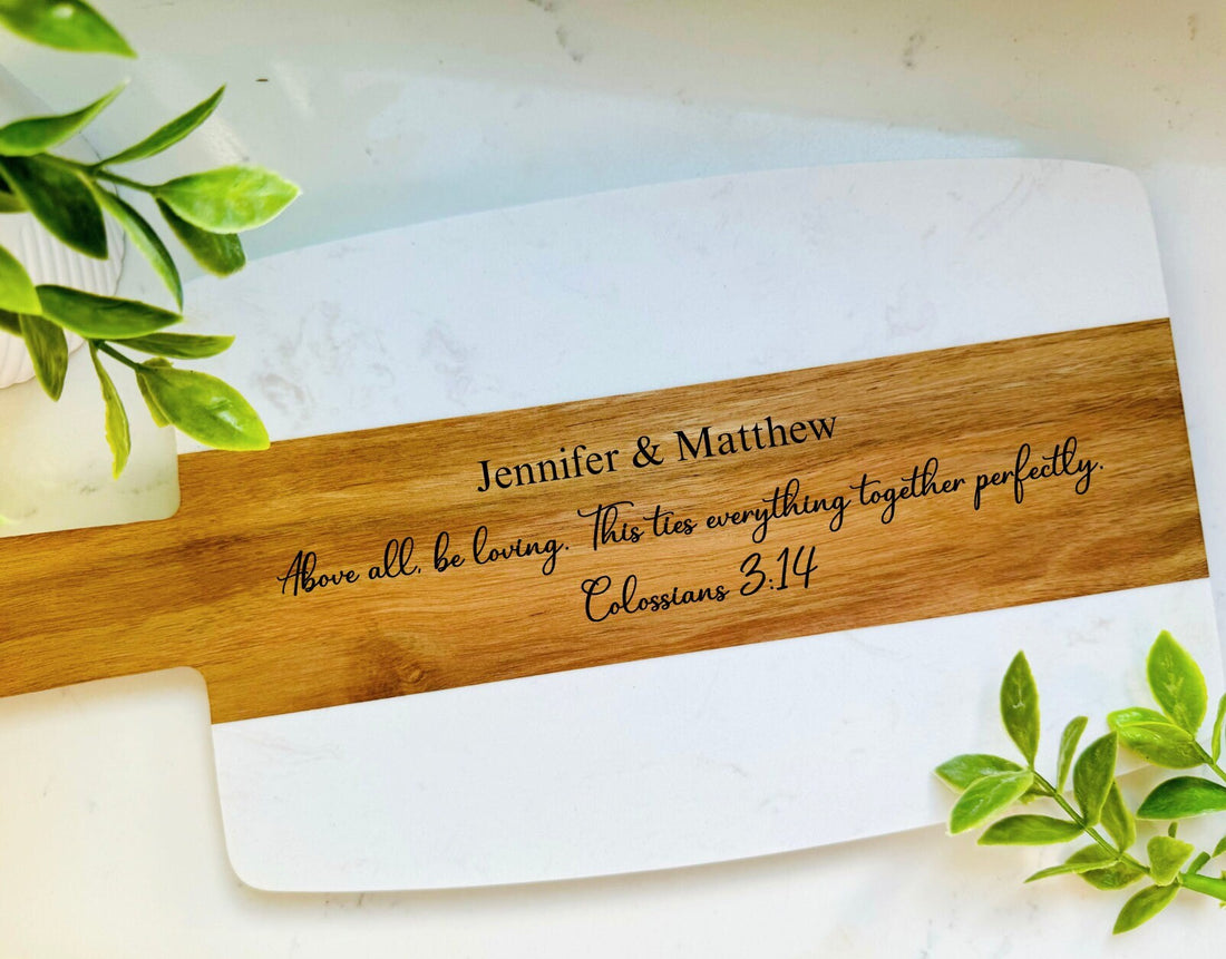 Bible Verse Marble Wood Cutting Board, Wedding/Engagement Engraved Gift, Housewarming Gift, Engraved Cheese Board,Personalized Cutting Board