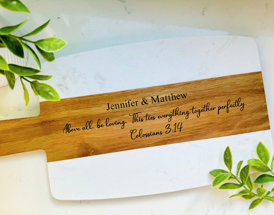 Bible Verse Marble Wood Cutting Board, Wedding/Engagement Engraved Gift, Housewarming Gift, Engraved Cheese Board,Personalized Cutting Board