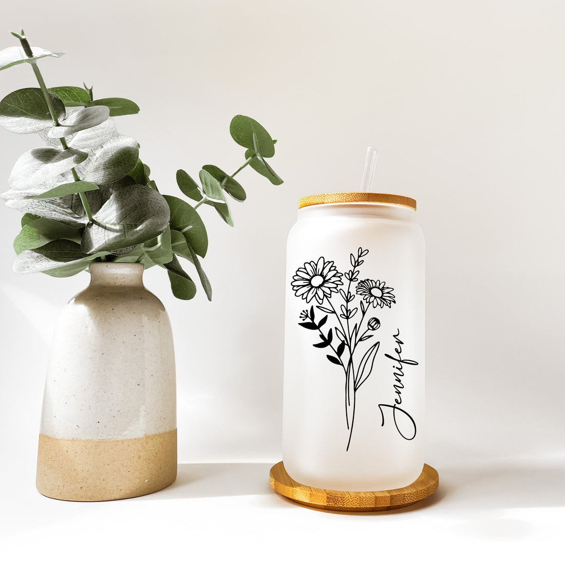 Personalized Birth Flower Tumbler, 16oz Birth Month Flower Glass Cup With Name,Bridesmaid Proposal Gift, Perfect Gift for Her