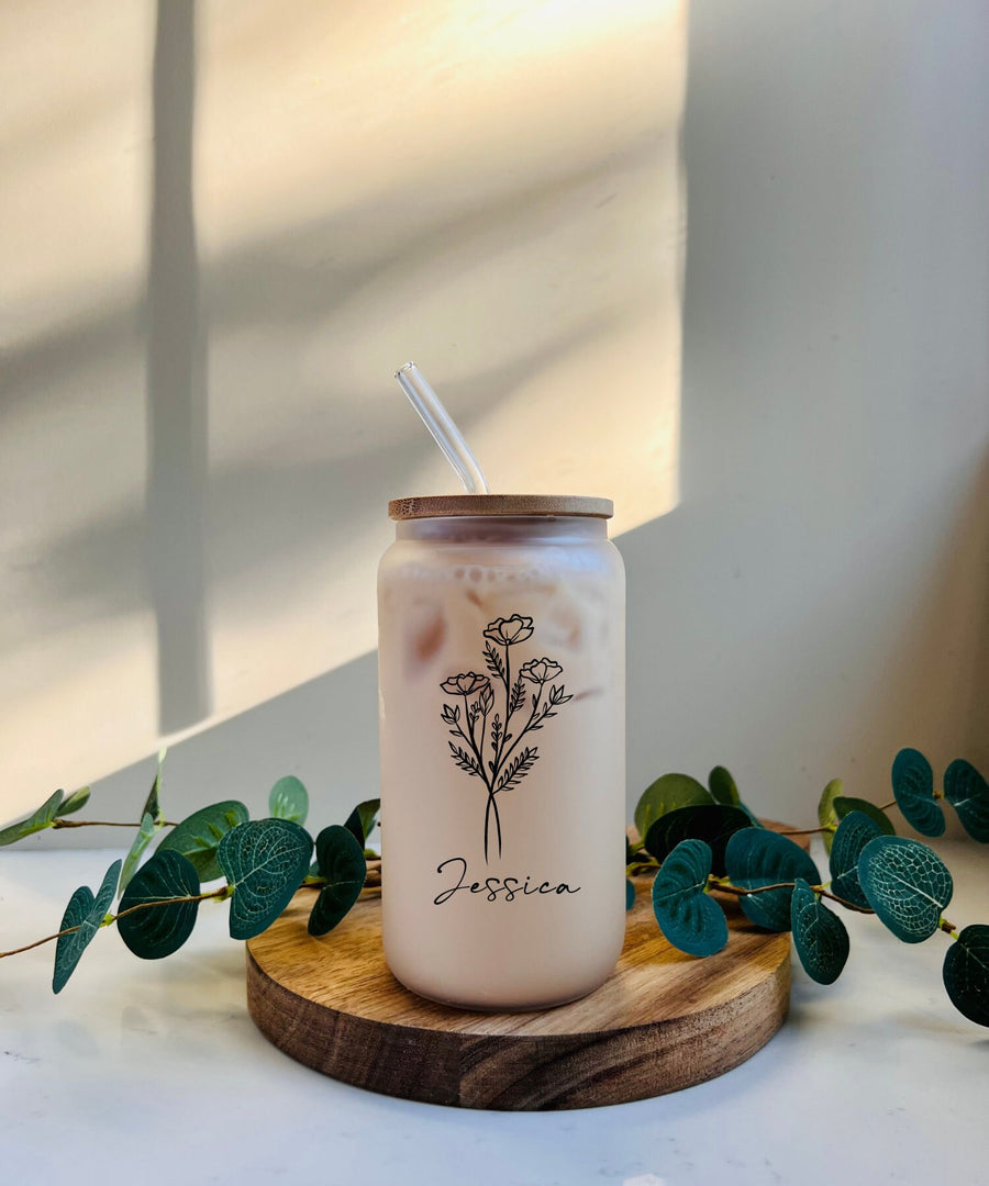 Bridesmaid Proposal Gift, Bridesmaid Glass Tumbler, Flower Glass Can, Bachelorette Party Glass, Custom Gifts, Personalized Glass with Straw