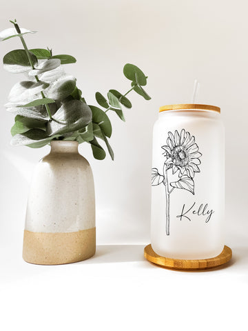 Sunflower Can Glass, Sunflower Frost Glass with Straw, Custom Gifts, Sunflower Tumbler, Tumbler with Name Glass, Custom Glass with Name