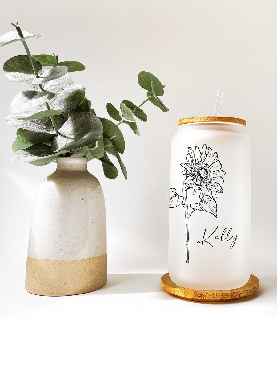 Sunflower Can Glass, Sunflower Frost Glass with Straw, Custom Gifts, Sunflower Tumbler, Tumbler with Name Glass, Custom Glass with Name