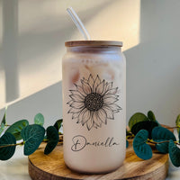 Sunflower Beer Can Glass, 16oz Personalized Can Glass, Sunflower Tumbler with Straw, Custom Gifts, Iced Coffee Glass Cup, Bridesmaids Gift