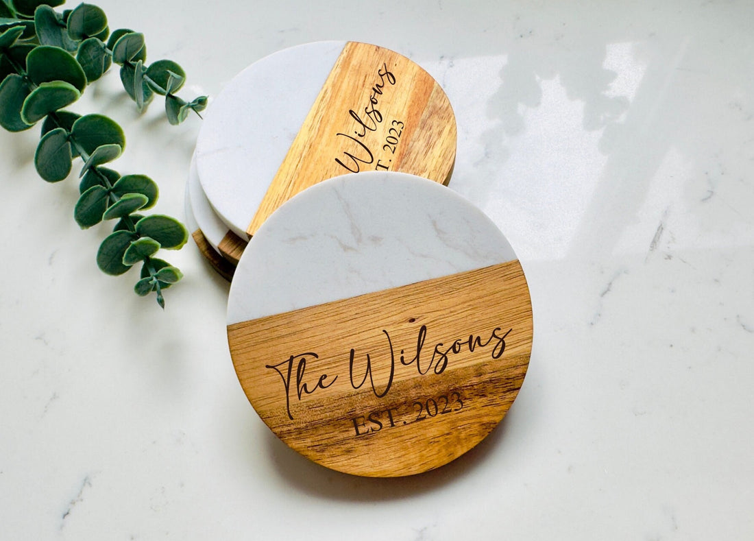 Marble Acacia Wood Coasters Set, Personalized Wedding/Engagement Gift, Housewarming Gift, Realtor Closing Gift, Custom Bridal Shower Gift