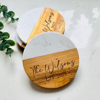 Marble Acacia Wood Coasters Set, Personalized Wedding/Engagement Gift, Housewarming Gift, Realtor Closing Gift, Custom Bridal Shower Gift