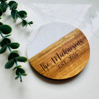 Marble Acacia Wood Coasters Set, Personalized Wedding/Engagement Gift, Housewarming Gift, Realtor Closing Gift, Custom Bridal Shower Gift