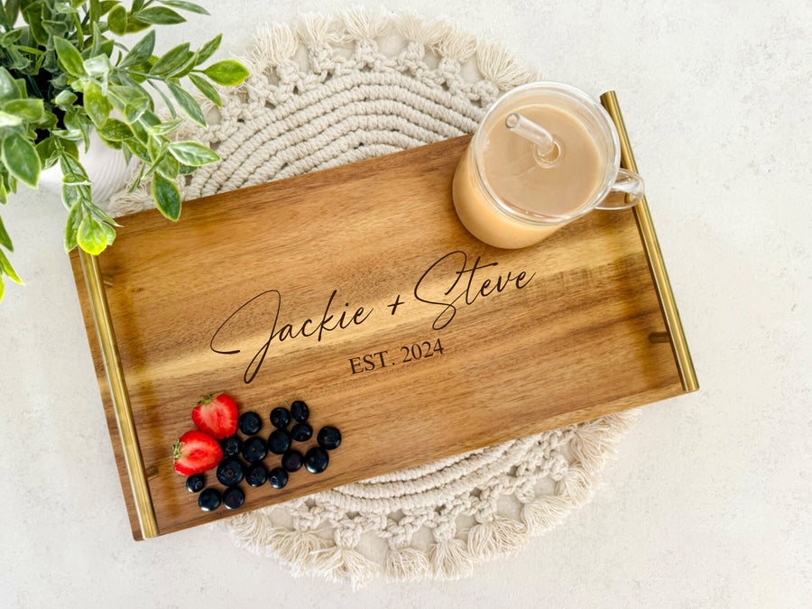 Serving Tray with Handles, Wedding Engagement Gift, Personalized Housewarming Gift, Custom Wood Serving Tray, Engraved Charcuterie Board