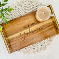 Serving Tray with Handles, Wedding Engagement Gift, Personalized Housewarming Gift, Custom Wood Serving Tray, Engraved Charcuterie Board