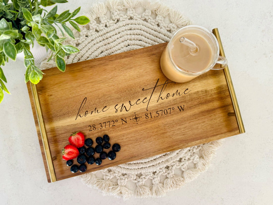 Serving Tray with Handles, Wedding Engagement Gift, Personalized Housewarming Gift, Custom Wood Serving Tray, Engraved Charcuterie Board