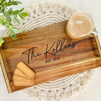 Serving Tray with Handles, Wedding Engagement Gift, Personalized Housewarming Gift, Custom Wood Serving Tray, Engraved Charcuterie Board