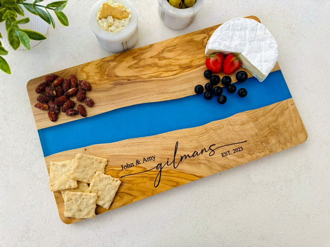 Engraved Cheese Board, Custom Cutting Board, Olive Wood and Resin Charcuterie Board, Serving Tray, Personalized Wedding Engagement Gift