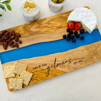 Engraved Cheese Board, Custom Cutting Board, Olive Wood and Resin Charcuterie Board, Serving Tray, Personalized Wedding Engagement Gift