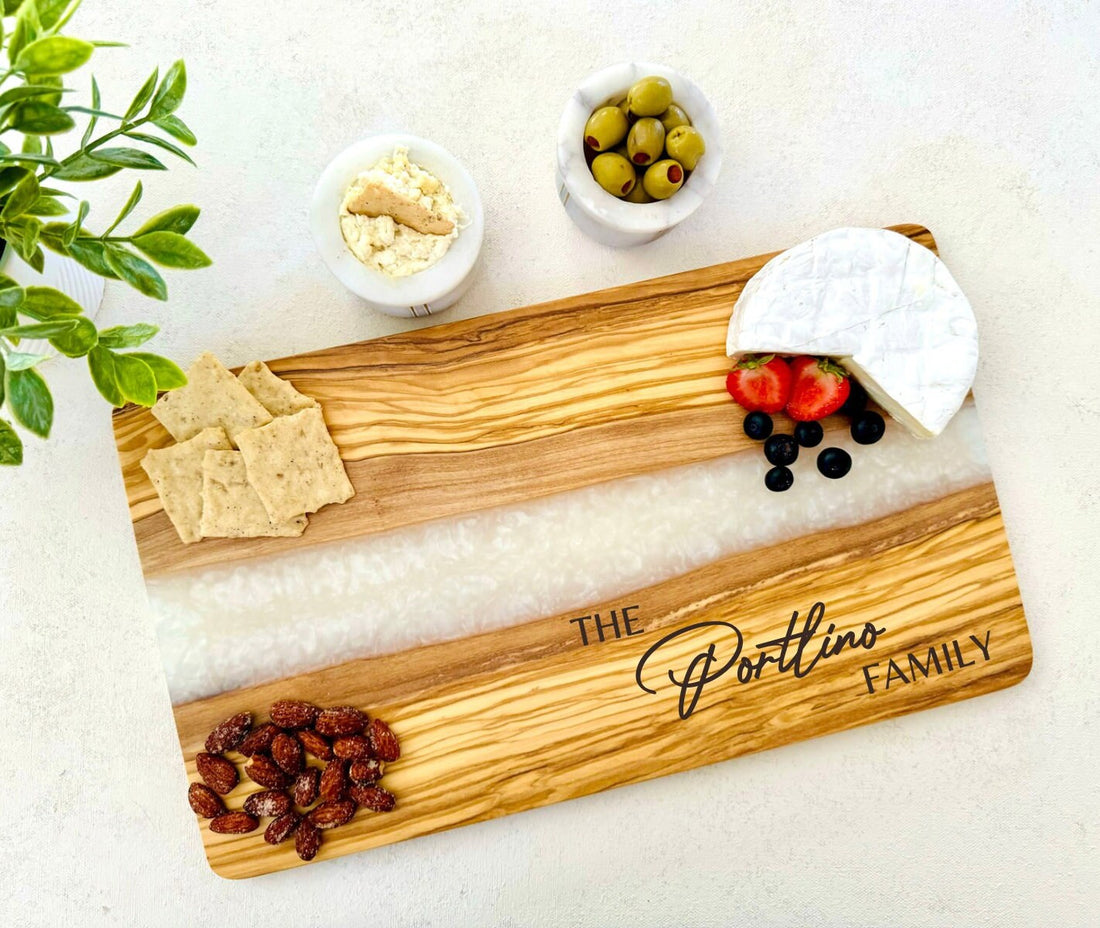 Engraved Cheese Board, Custom Cutting Board, Olive Wood and Resin Charcuterie Board, Serving Tray, Personalized Wedding Engagement Gift