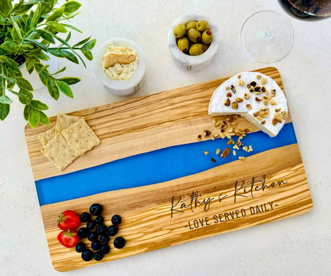 Engraved Cheese Board, Custom Cutting Board, Olive Wood and Resin Charcuterie Board, Serving Tray, Personalized Wedding Engagement Gift