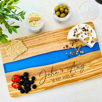 Engraved Cheese Board, Custom Cutting Board, Olive Wood and Resin Charcuterie Board, Serving Tray, Personalized Wedding Engagement Gift