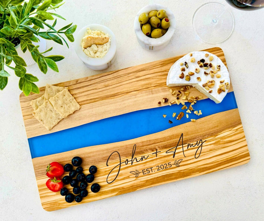 Engraved Cheese Board, Custom Cutting Board, Olive Wood and Resin Charcuterie Board, Serving Tray, Personalized Wedding Engagement Gift