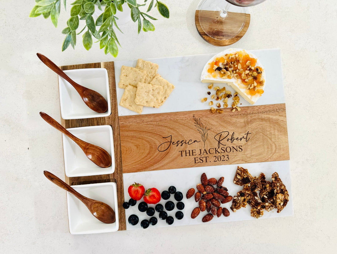 Marble Wood Charcuterie Board Gift Set, Wedding Engagement Gift, Unique Bridal Shower Gift, Housewarming Gift, Personalized Cheese Board