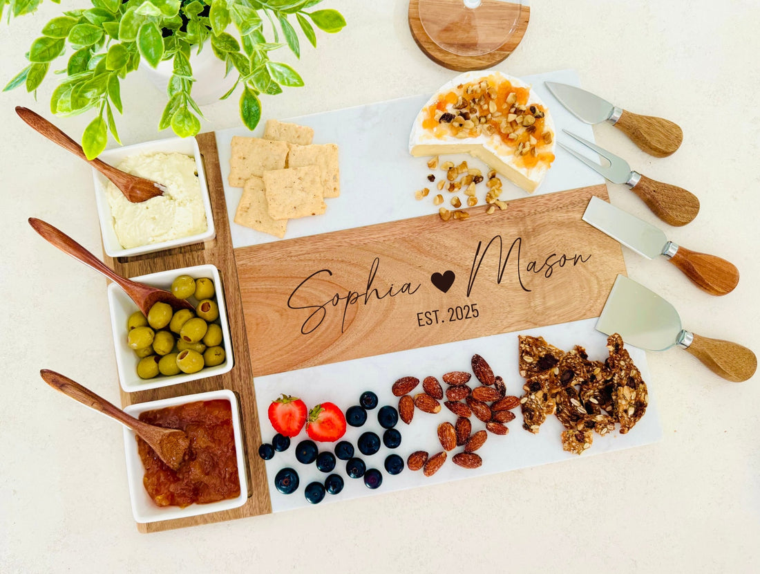 Marble Wood Charcuterie Board Gift Set, Wedding Engagement Gift, Unique Bridal Shower Gift, Housewarming Gift, Personalized Cheese Board