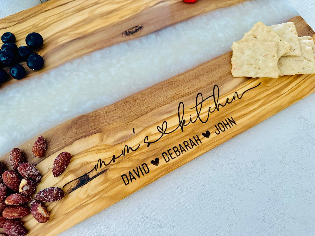 Resin and Olive Wood Charcuterie Board, Perfect Gift for Mother's Day, Engraved Charcuterie Board, Unique Grandma Gift,Custom Mom to be Gift