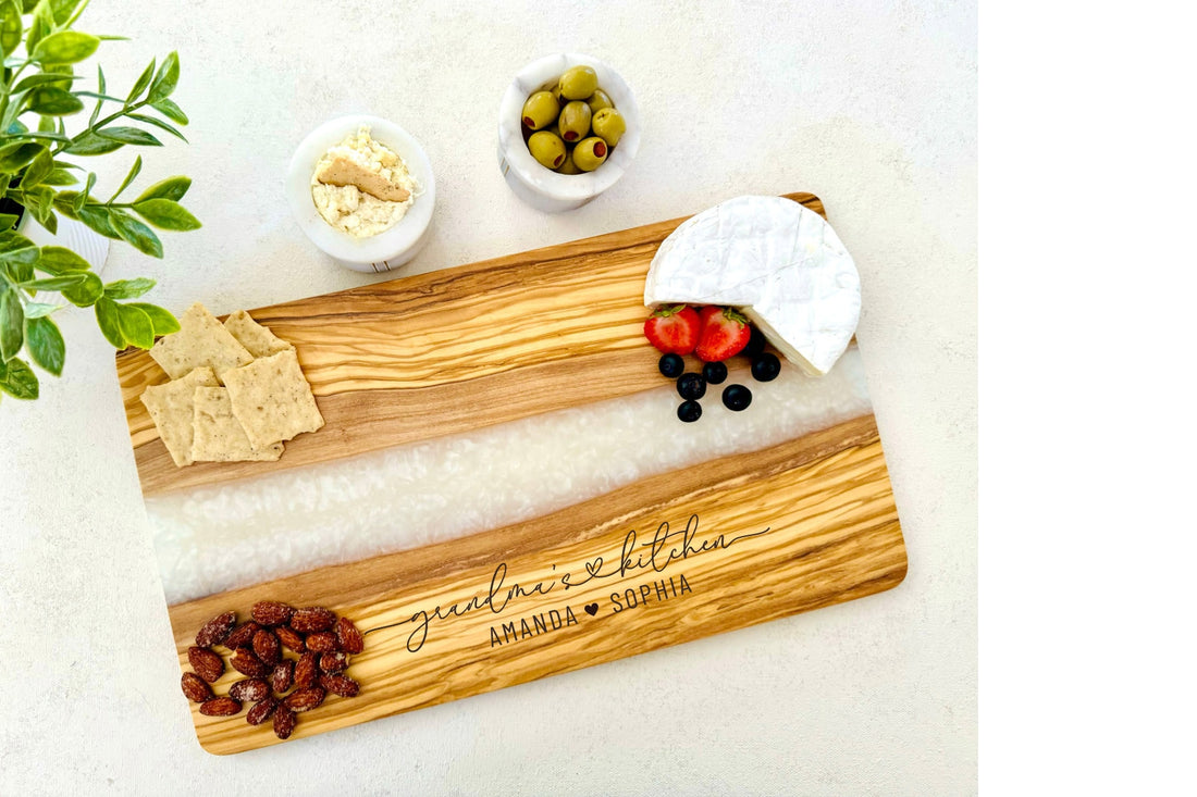 Engraved Cheese Board, Custom Cutting Board, Engraved Olive Wood Resin Charcuterie Board, Unique Grandma Gift, Perfect Gift for Mother