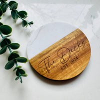 Marble Acacia Wood Coasters Set, Personalized Wedding/Engagement Gift, Housewarming Gift, Realtor Closing Gift, Custom Bridal Shower Gift