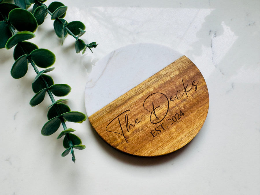 Marble Acacia Wood Coasters Set, Personalized Wedding/Engagement Gift, Housewarming Gift, Realtor Closing Gift, Custom Bridal Shower Gift