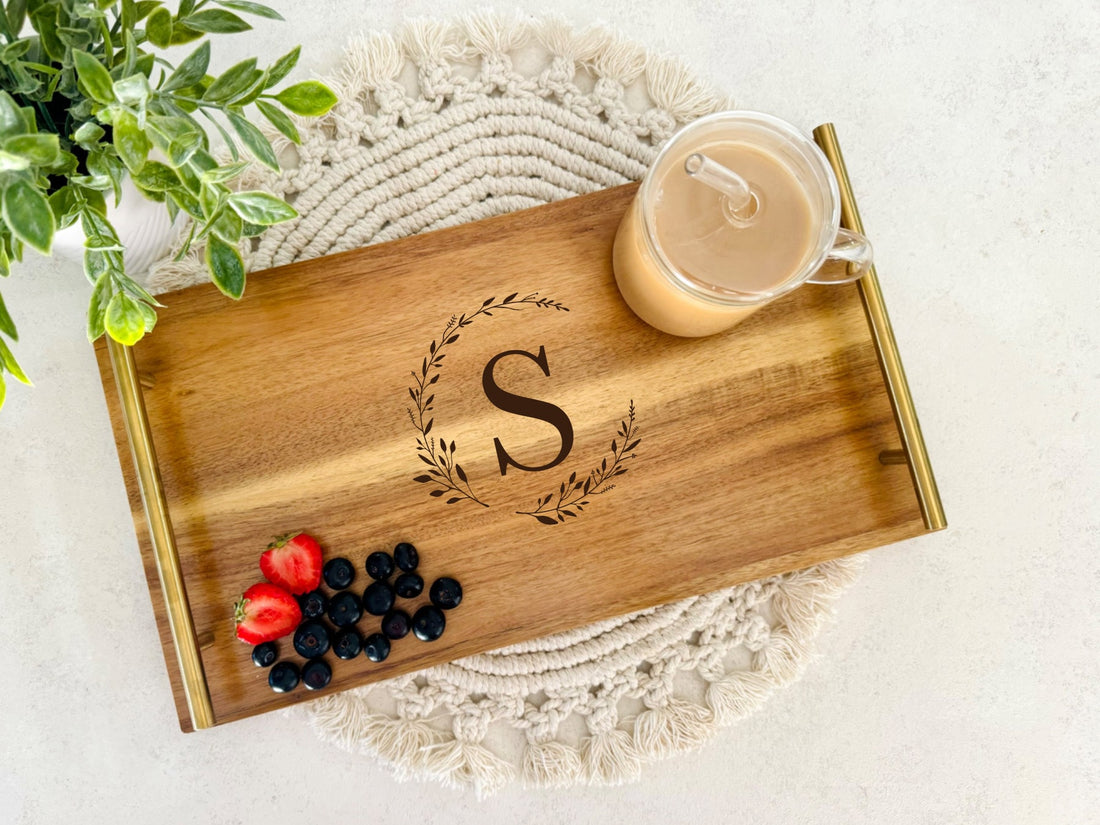 Serving Tray with Handles, Wedding Engagement Gift, Personalized Housewarming Gift, Custom Wood Serving Tray, Engraved Charcuterie Board