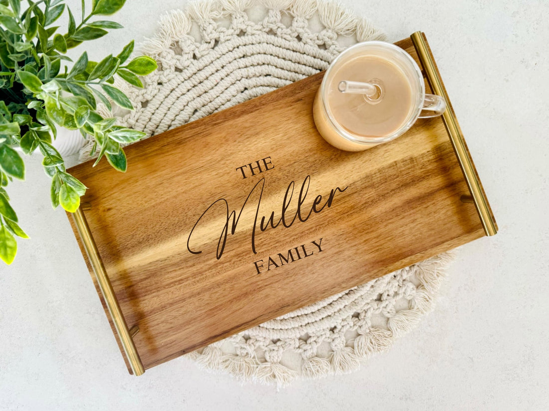 Serving Tray with Handles, Wedding Engagement Gift, Personalized Housewarming Gift, Custom Wood Serving Tray, Engraved Charcuterie Board