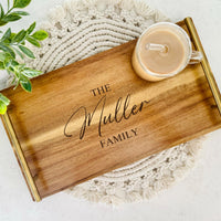 Serving Tray with Handles, Wedding Engagement Gift, Personalized Housewarming Gift, Custom Wood Serving Tray, Engraved Charcuterie Board