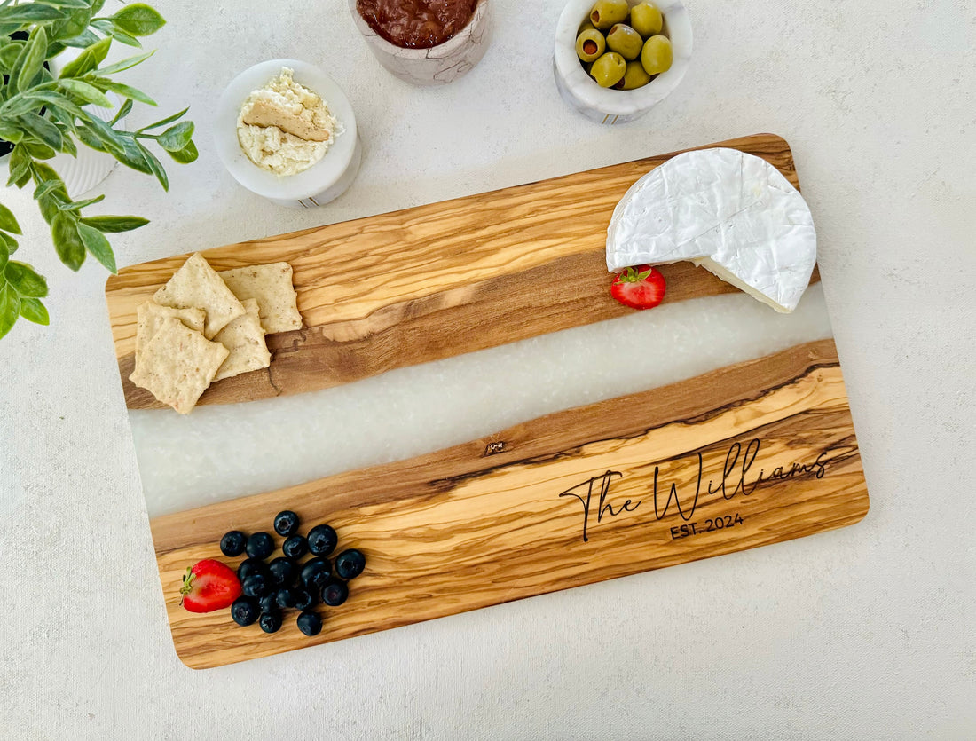 Engraved Cheese Board, Custom Cutting Board, Olive Wood and Resin Charcuterie Board, Serving Tray, Personalized Wedding Engagement Gift