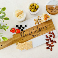 Engraved Marble Cheese Board, Custom Cutting Board with Handle, Charcuterie Board, Marble and Wood Serving Tray, Wedding Engagement Gift