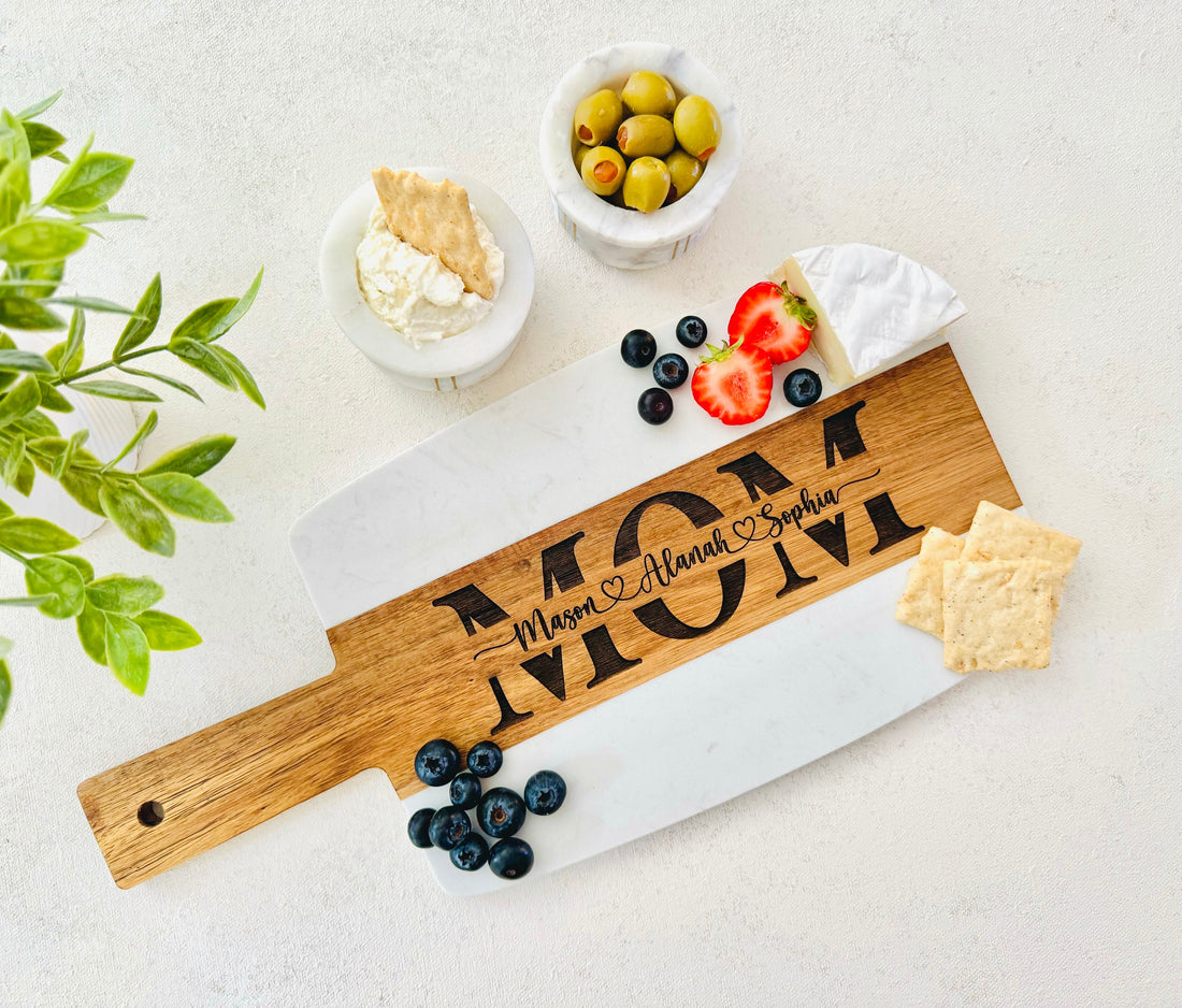 Engraved Marble and Wood Board for Mom, Personalized Mother's Gift, Custom Mom Cutting Board, Unique Personalized Charcuterie Board